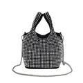 Detailed view of an elegant black bucket bag covered in sparkling silver rhinestones - Silver