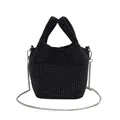 Detailed view of the black rhinestone bucket bag with silver chain strap - Black