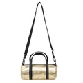Casual mini metallic gold cylinder crossbody bag with black handles and long strap - Gold
