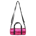 Mini metallic pink barrel crossbody bag featuring black handles and adjustable straps - Rose Red