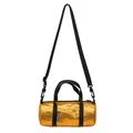 Mini metallic gold cylindrical crossbody bag with black adjustable straps and handles. - Orange