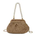 Dettaglio borsa da spiaggia in paglia intrecciata con manico di perle e catena - Manico di Perle Cachi Stile 2 (8956) / Kaki