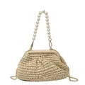 Borsa in paglia intrecciata con elegante manico di perle e catena d'oro - Manico di Perle Beige Stile 2 (8956) / Bianco avorio