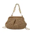 Dettaglio borsa da spiaggia in paglia intrecciata con manico perlato - Manico in Grani Marmo Cachi Stile 1 (8956) / Kaki