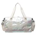 Detailansicht der großen irisierenden Reisetasche mit weißen Trägern und Logo - Gebrochenes Weiß