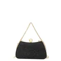 Elegant black glitter evening clutch bag featuring a pearl clasp and a gold chain strap - Black