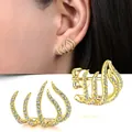 Detail view of curved arc ear cuff earrings with sparkling diamond pavé and gold finish. - 5-Claw Style / Gold