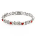 Silver-toned magnetic bracelet for women with red rhinestones and leaf design - Red Rhinestone / Silver