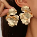 Vintage gold double-layer flower petal earrings with textured leaf design for women - Style 10