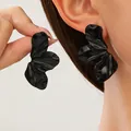 Elegant black textured petal-shaped floral earrings with retro glossy finish SKU - Style 7 Black
