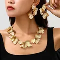 Statement gold textured floral necklace and earring jewelry set for women trendy fashion - WLHD-Set Gold