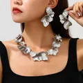 Oversized silver metallic textured flower petal necklace and earring jewelry set for women - WLHD-Set Silver