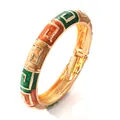 Vintage colorful enamel geometric bangle with gold-plated metal finish and spring hinge - Brown and Green (HWDY-FWSZ)