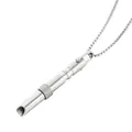 Close-up shot of a silver stainless steel mindfulness breathing whistle pendant with rotating bead - Steel