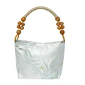 Elegant New Chinese style handbag with bamboo print and beaded handle detail. - White