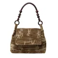 Bolso de hombro de terciopelo estilo chino vintage con estampado de bambú y cuentas. - Café