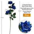 Stelo di rosa artificiale in velluto a 3 teste blu scuro per decorazioni domestiche e nuziali - Stile a 3 Teste / Blu