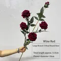 Artificial five-head velvet rose branch in deep wine red, 113cm length for home decor - Round Rose (Wine Red)