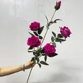 Vivid rose red artificial velvet rose branch with 5 flower heads and 1 bud - Round Rose (Rose Red)