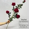 Long stem velvet artificial red rose with 5 flower heads for home and wedding decor - Round Rose (Dark Red)