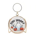 Detail of transparent round clutch with ghost pumpkin print and stay spooky text - Style 1 Ghost