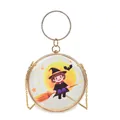 Close-up of a round transparent handbag featuring a cartoon witch and gold handle - Style 2 Girl
