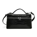 Stylish black crocodile-embossed box crossbody bag with silver zipper and handle - Black