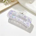 Close-up of elegant acrylic rectangular hair claw clip with purple floral shell inlay - Square Patchwork Style / Floral Blue