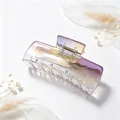 Detail view of a large gradient purple and yellow square hair claw clip on white background. - UV Electroplated Gradient Gun Black