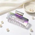 Close-up detail of iridescent gradient square hair claw clip with elegant pearl props - Gradient Gun Black