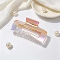 Detailed macro shot of large UV plated square hair claw clip in gradient AB colors - Gradient Orange