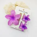 Set of three vibrant purple plumeria flower hair claw clips presented on white cardboard - 3-Piece Set (1 Large 2 Small) / Purple And Purple