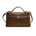 Elegant brown crocodile embossed box-shaped shoulder bag with silver hardware - Coffee