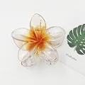 Detailed view of a large transparent frangipani hair claw clip with orange gradient. - Frangipani (7*) / 8cm Size / Transparent Brown
