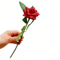 Realistic artificial red rose with green leaves for home decor and wedding arrangement. - 1 Head / Red