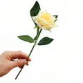 Elegant single artificial cream rose stem with green leaves for home wedding decoration - 1 Head / Yellow