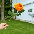 Single realistic artificial orange rose stem with green leaves for wedding and home decoration - Orange