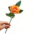 Realistic orange artificial rose flower stem with green leaves for home decor - 1 Head / Orange