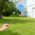 Single long-stem artificial blue rose for wedding decor and home floral arrangements. - Blue