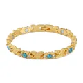 Gold-toned magnetic bracelet with blue rhinestones and X-shaped links on a white background - Blue Rhinestone / Gold