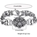 Detailed view of men's vintage tiger head bracelet with dimensions and weight info - Tiger Head Shape Style / Antique Silver