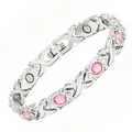 Elegant silver-toned magnetic bracelet featuring pink stones and X-shaped links - Cross Bracelet (JCSL-QCS) / Silver (Pink Rhinestone)