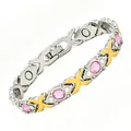 Elegant two-tone magnetic alloy bracelet featuring pink stones and clear crystals for women - Cross Bracelet (JCSL-QCS) / Two-Tone Plated (Pink Rhinestone)