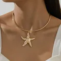 Close-up of a gold-plated starfish choker necklace with sparkling rhinestone accents - Starfish Choker