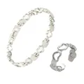 Detailed view of silver hollow heart magnetic bracelet and adjustable open ring set - Bracelet And Open Ring / Silver (LKAX-SL+JZ)