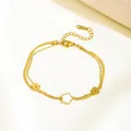 Double-layered gold stainless steel snake chain bracelet with white five-leaf flower charms - Five-Petal Flower Double Layer Bracelet (70082)