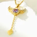 Elegant gold angel wings necklace with purple heart gemstone and dangling heart - Purple Zirconia Angel Wings Style (4)