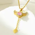 Elegant golden angel wings necklace with pink heart pendant and small heart drop - Pink Heart Gemstone Style (5)