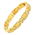Nahaufnahme von goldenem Magnetarmband mit Blattmuster und Strass - Blatt-Strass-Stil (Schwarz, rote und weiße Magnete) / Gold