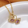 Elegant 18K gold plated double swan pendant necklace featuring radiant purple pear-cut crystals - Purple Twin Swan (108) / Twin Swan Style (108+Lips Chain)